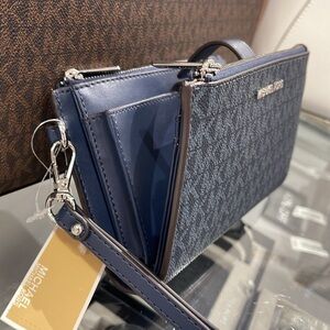 Michael Kors Jet Set Travel Large Double-Zip Wristlet-Wallet-PhoneHolder Admiral